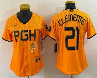 Women%27s Pittsburgh Pirates #21 Roberto Clemente Yellow 2023 City Connect Stitched Jersey1